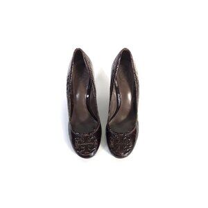 Tory Burch Shoes Size 7 Sophie Wedge Brown Patent Croc